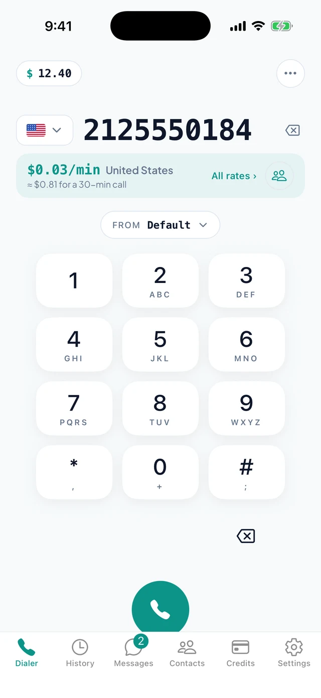 The dialer showing 3¢ a minute to a US number