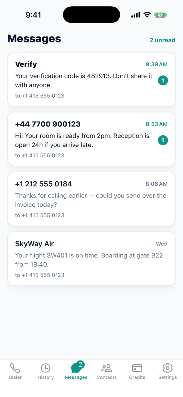 The VoixCall Messages inbox showing texts sent to a US number, including a verification code