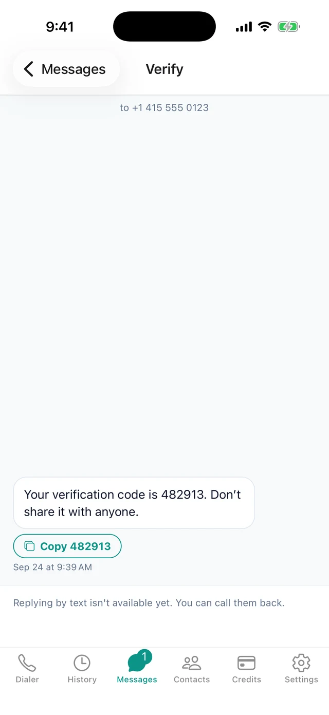 A verification code with a Copy button